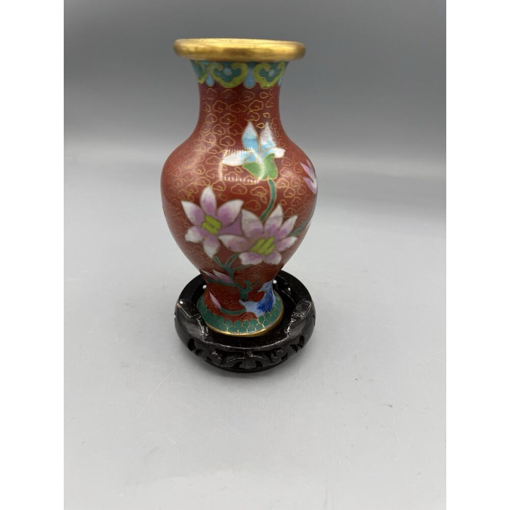 Vintage Chinese Cloisonne Enamel Vase Red Floral Lotus Brass 4.5”